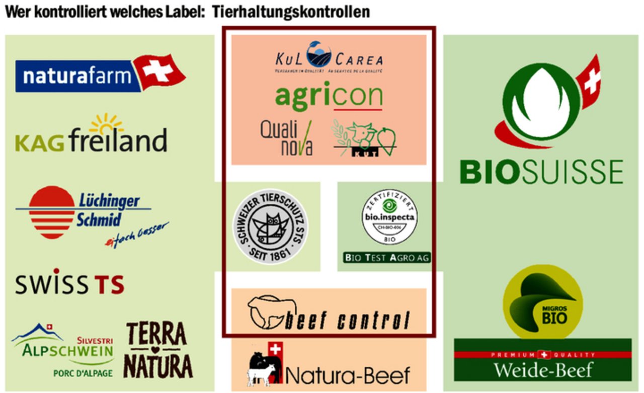 Ein bunter Salat: Die Erfüllung der Label-Anforderungen wird von unterschiedlichen Organisationen (im roten Viereck) überprüft. Einen bedeutenden Anteil gibt die IP-Suisse in Auftrag.