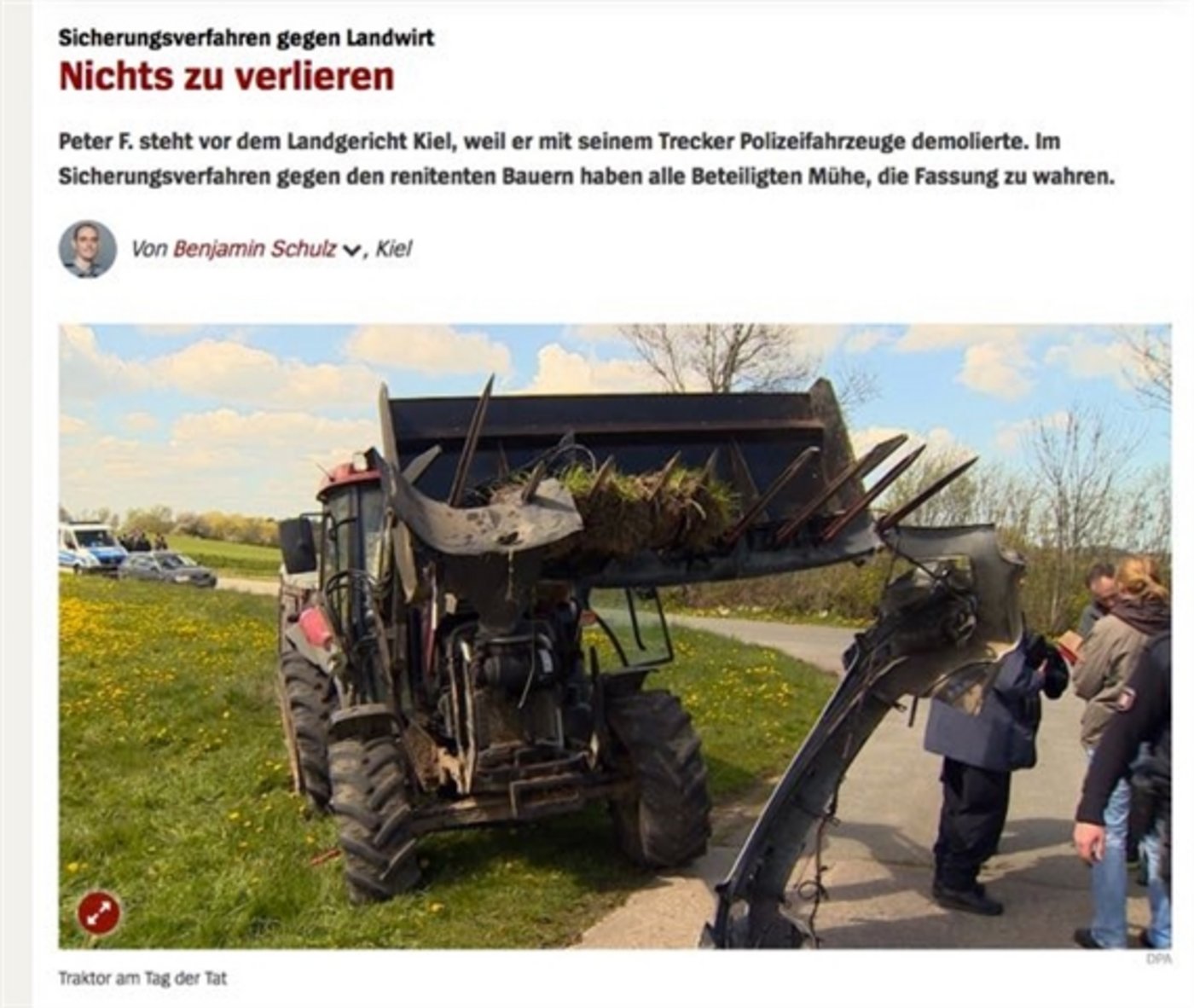 Das Amokfahrzeug: So berichtete «Spiegel Online» beim Prozessauftakt gegen den renitenten Landwirt. (Bild Screenshot Spiegel Online)