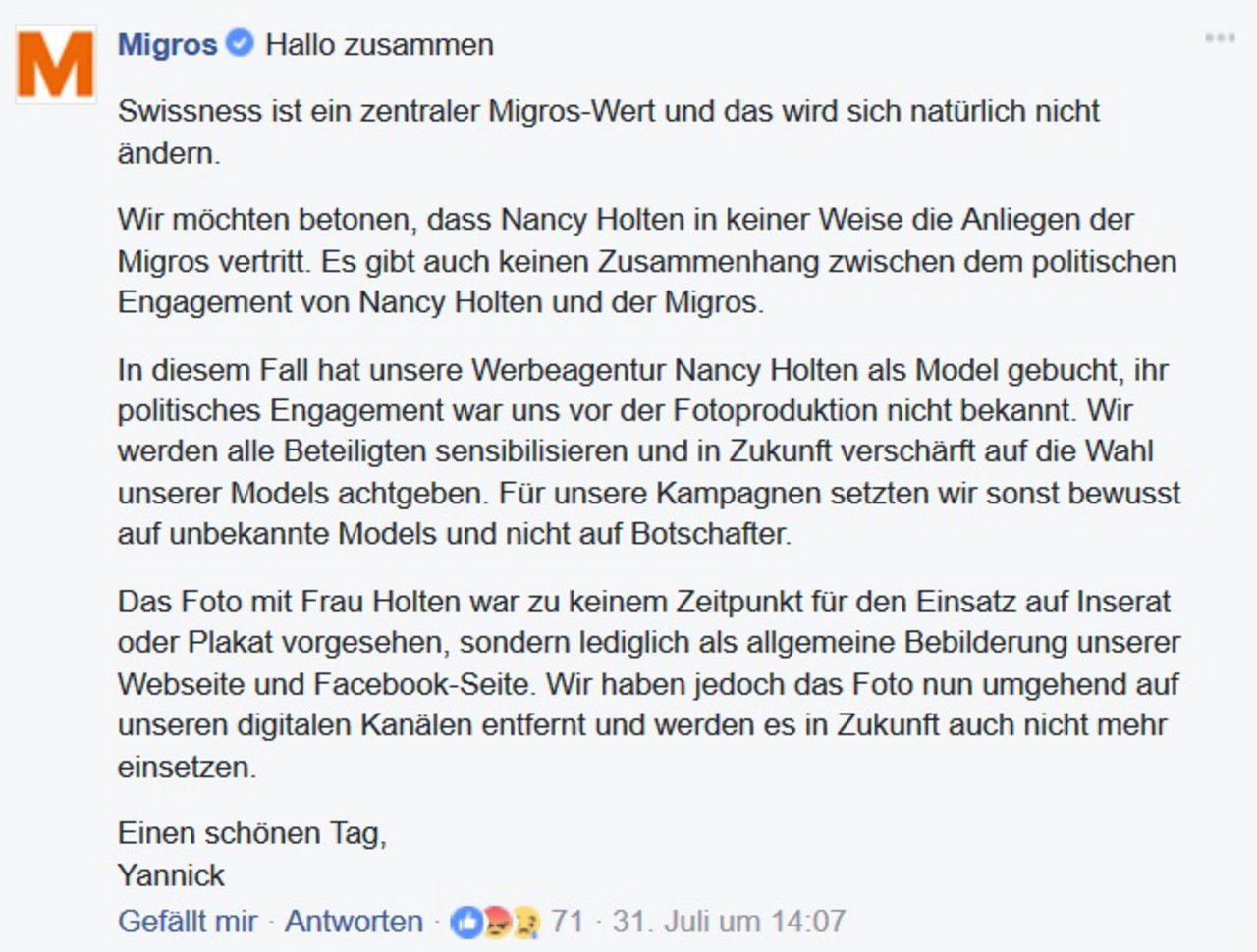 Kommentar von Migros bei "Kuhglocken unsere Tradition": Die Begründung für den Rückzug. (Screenshot Facebook)