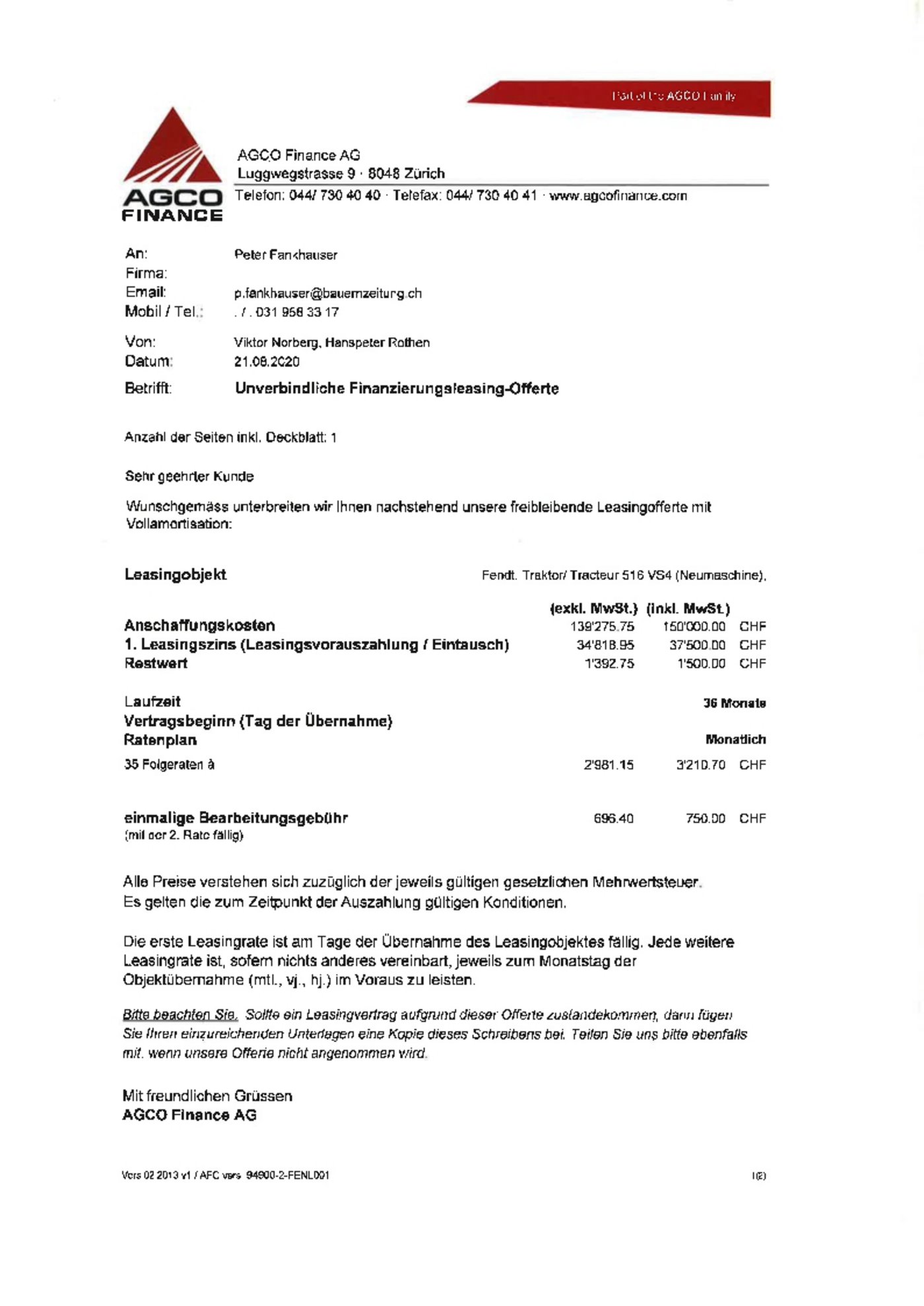 Wenn man den gleichen Traktor nicht kauft sondern least, sieht die Rechnung schon ganz anders aus.(Bilder/Offerten AGCO)