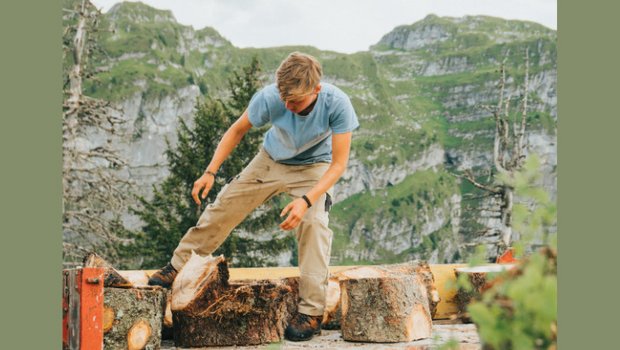 Alptagebuch: Die Holzarbeiten können beginnen Die zugesägten Holztötze werden von Petra Fässler auf den «Budäbus» geladen. (Bild Yasemin Salman)