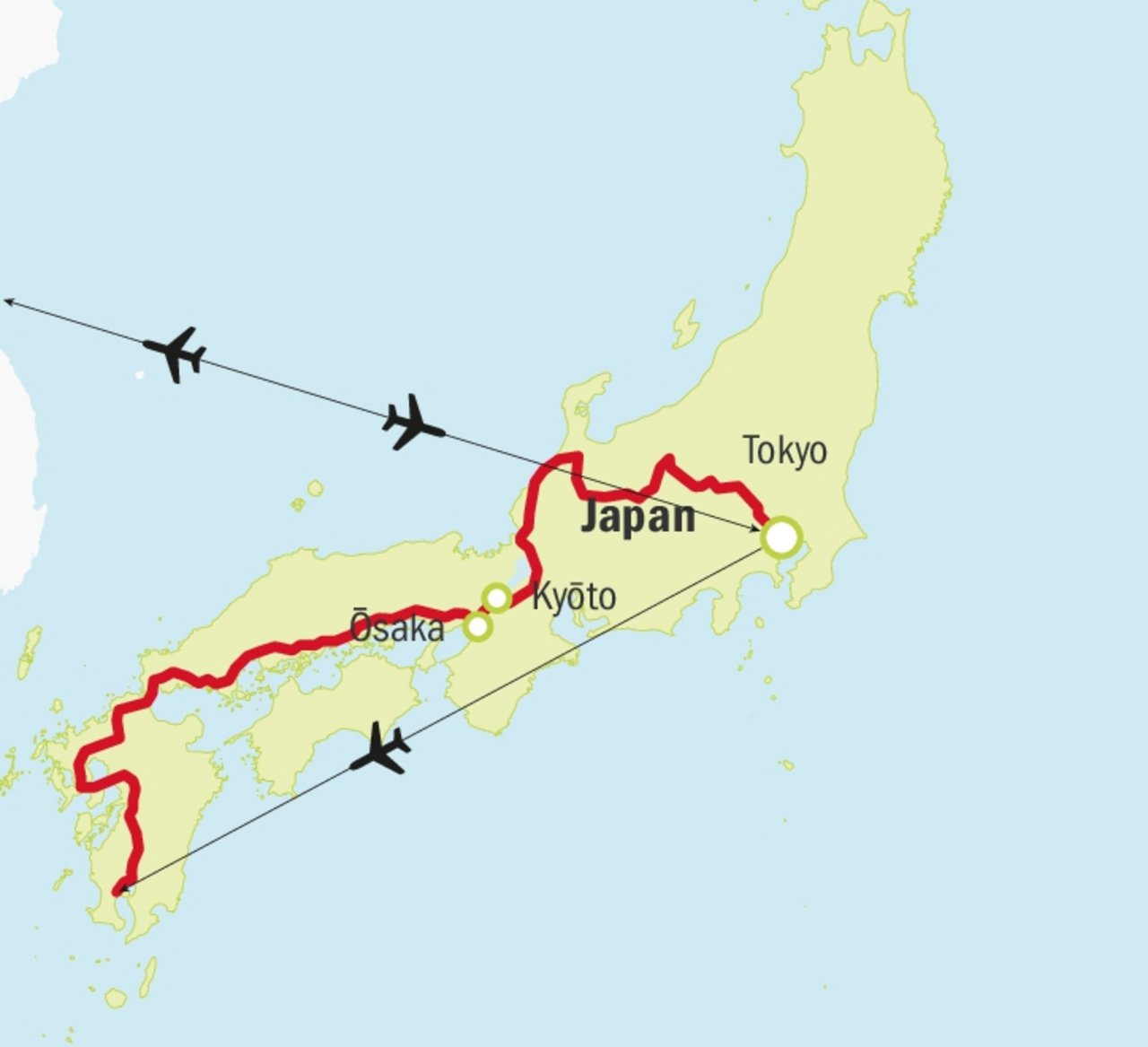 Die Reise erfolgte mit Flugzeug, Car, Fähre und hauptsächlich mit dem Hochgeschwindigkeitszug Shinkansen. (Grafik zVg)