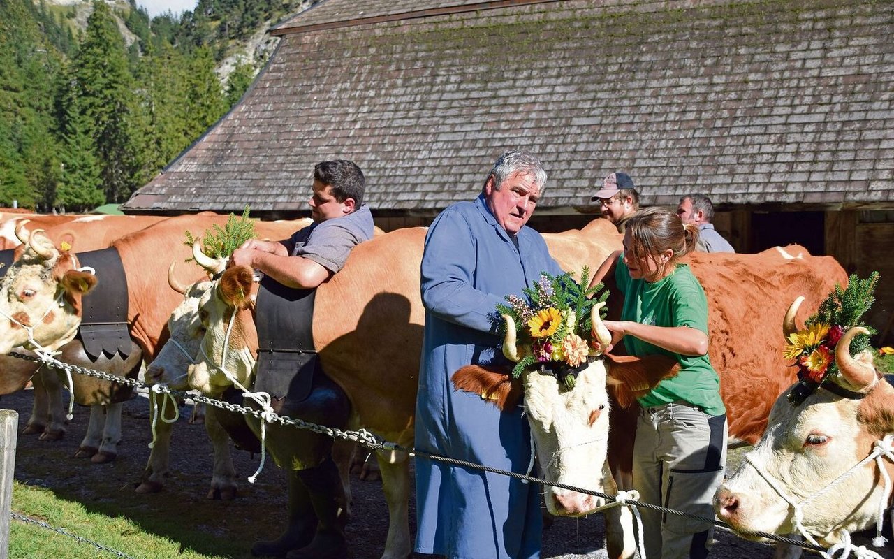 Der Blumenschmuck sitzt, die Treicheln sind angelegt. Für den Alpabzug werden viele fleissige Hände gebraucht.