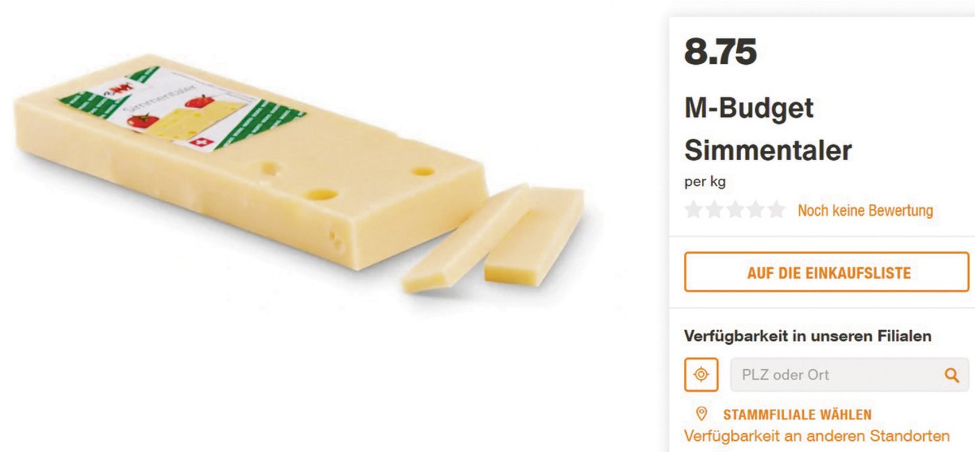 Das Objekt der Diskussion: Switzerland Swiss in der Migros-Budget-Verpackung unter dem Namen «Simmentaler». (Bild Screenshot Migros)