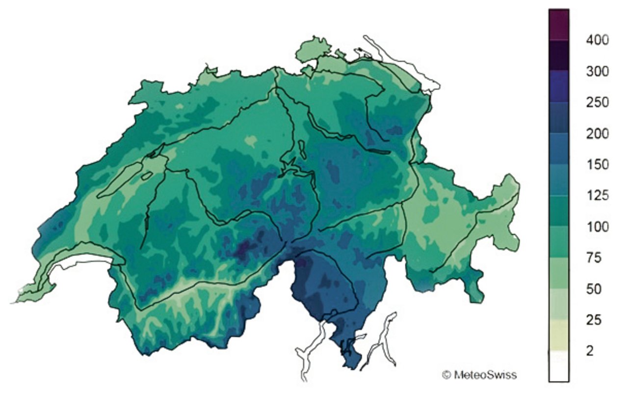 Durchschnittliche Regensumme in mm für April von 1981 bis 2010. Im Mittelland sind dies rund 75 bis 100 mm.(Grafiken Meteotest)