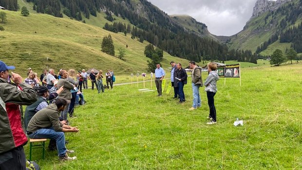 Diskussion vor eindrücklicher Kulisse auf der Alp Grosser Mittelberg im Justistal. (Bild ses)