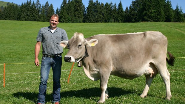 Scharfer Kritiker des Bundesrats: Marcel Dettling mit einer seiner Kühe auf dem Betrieb der Familie in Unteriberg. (Bild zVg)
