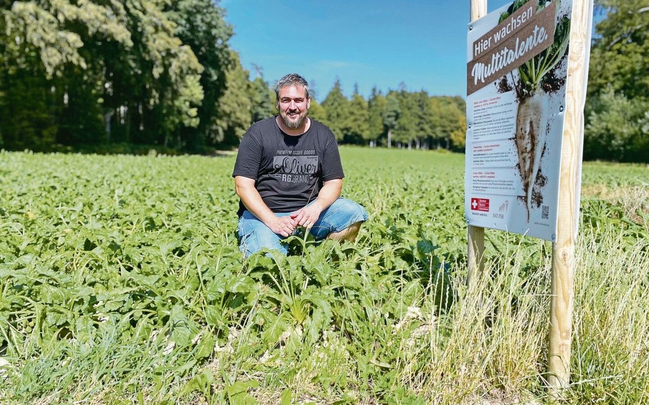 Adrian Salvisberg im August beim Besuch der BauernZeitung in seinem Rübenfeld. Nun steht schon bald die Ernte an.