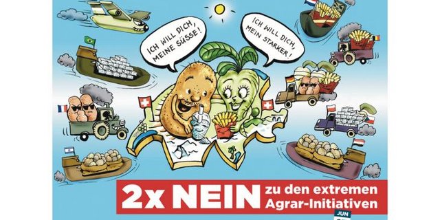 Zuckerrübenpflanzer und Kartoffelproduzenten werben gemeinsam mit dieser Postkarte für ein Nein zu beiden Pflanzenschutz-Initiativen. (Bild VSKP / SVZ)