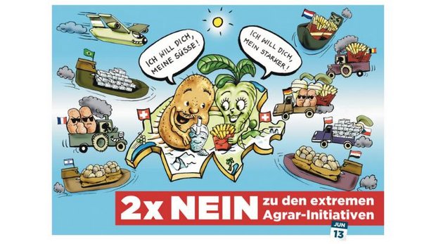 Zuckerrübenpflanzer und Kartoffelproduzenten werben gemeinsam mit dieser Postkarte für ein Nein zu beiden Pflanzenschutz-Initiativen. (Bild VSKP / SVZ)
