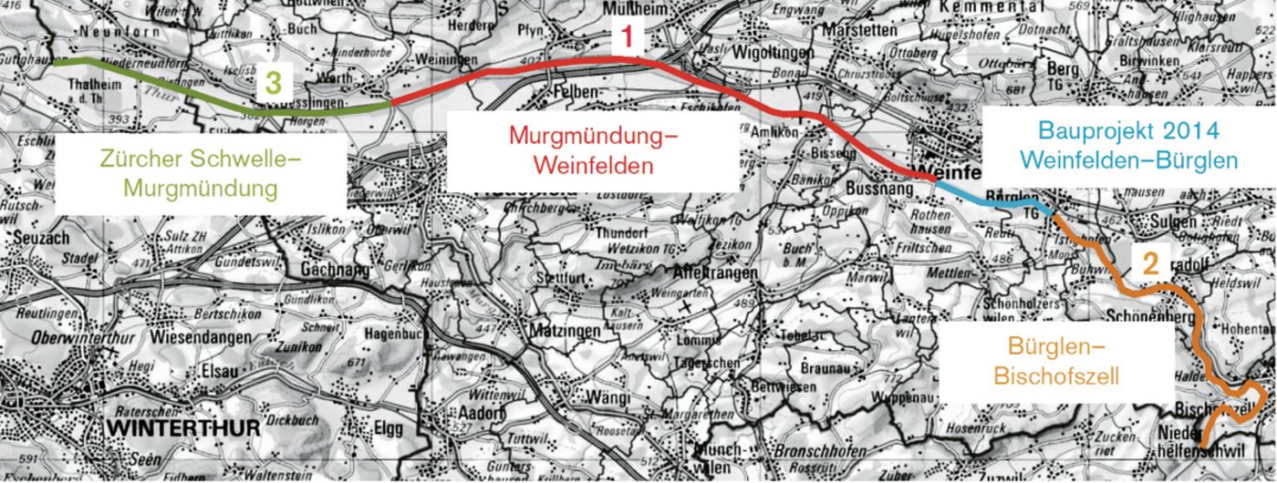Für die Umsetzung von Thur+ sind drei Hauptetappen vorgesehen. Das Bauprojekt 2014 Weinfelden-Bürglen zudem wurde bereits ausgearbeitet und ist aktuell auf dem Rechtsweg hängig.