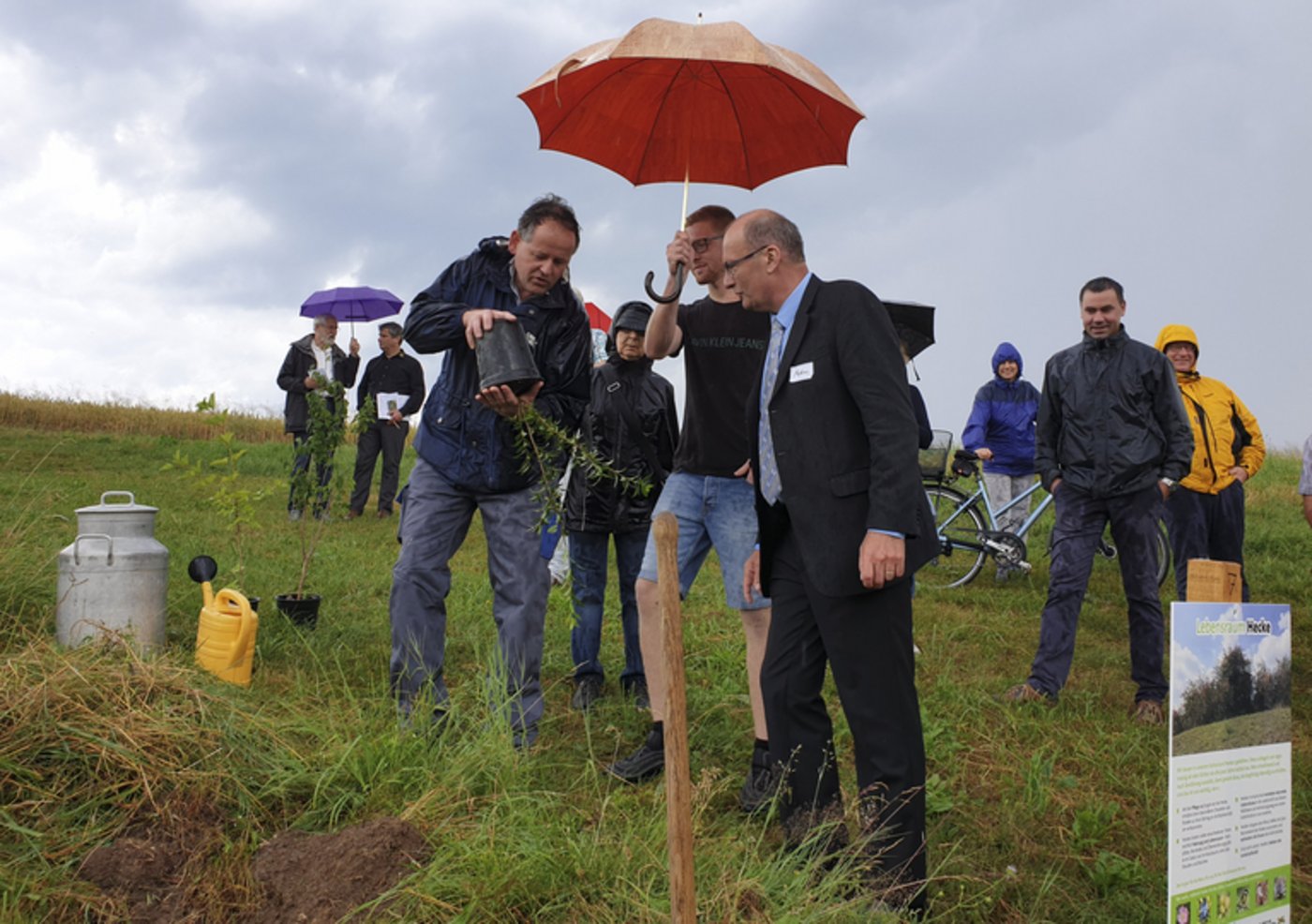 Landwirt Kurt Stettler und SBV-Präsident Markus Ritter pflanzen eine Hecke. Wichtig ist deren Pflege, zudem braucht es Geduld von der Pflanzung bis zur "richtigen" Hecke.