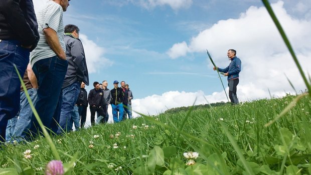 Lehrer und Berater Stefan Moser führt eine Gruppe entlang der 45 Parzellen. Verschiedenste Verfahren zur Ansaat von Kunstwiesen wurden hier getestet. (Bild Armin Emmenegger)