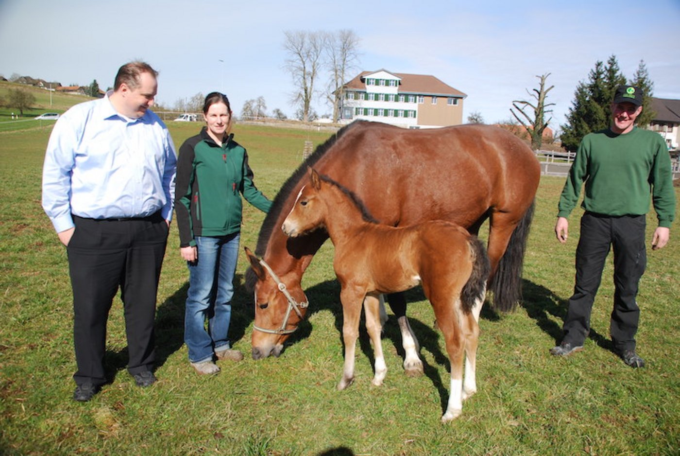 Geschäftsmann Roman Kalberer, links, hat über seine pferdebegeisterte Frau das Ehepaar Manuela und Albert Kuster kennengelernt. Kalberer lässt Stutenmilch zu Kosmetik verarbeiten. (Bild Ruth Bossert)