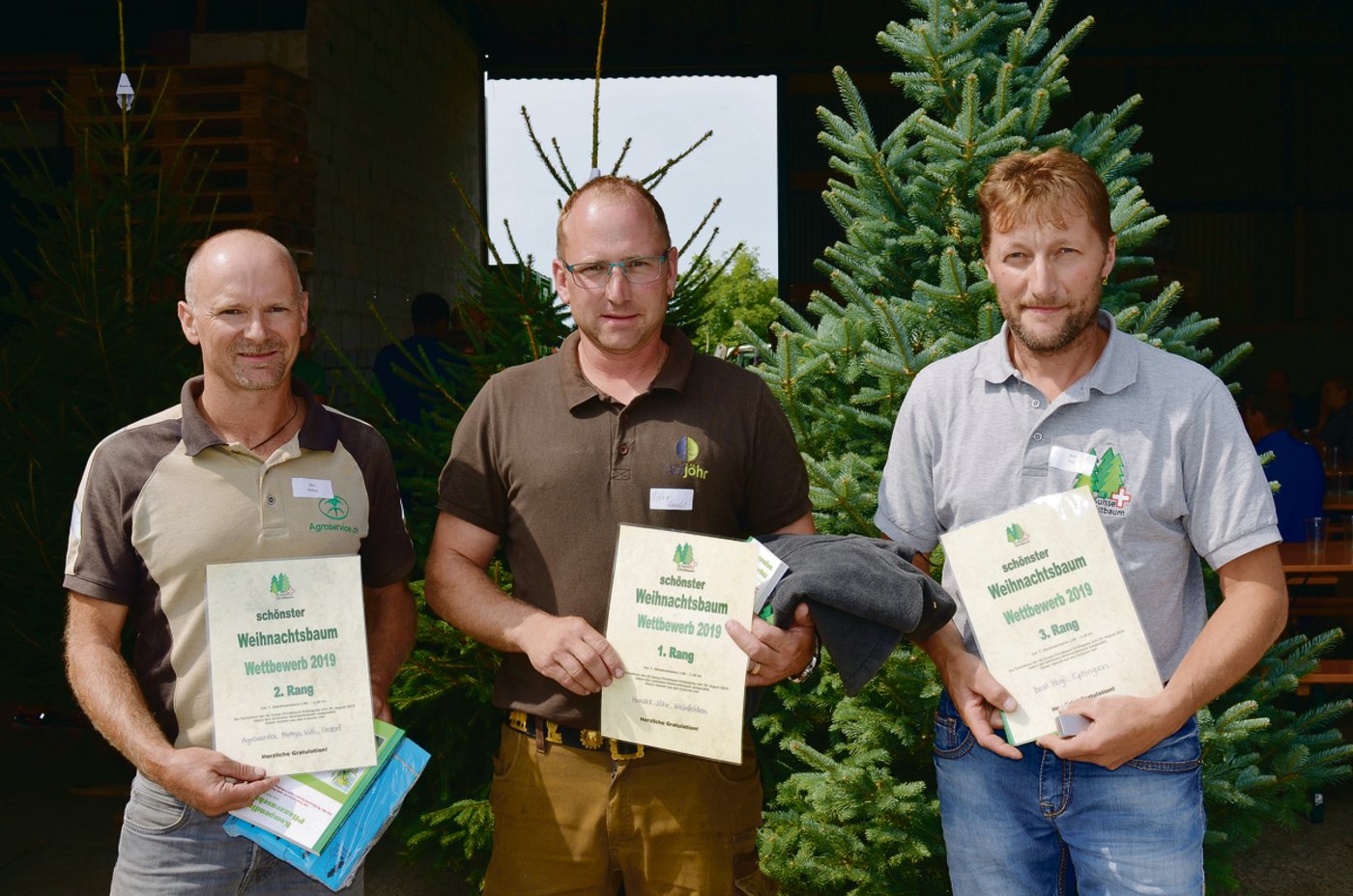 Für die schönsten Nordmanntannen geehrt (v. l. n. r.):	Willi Mathis (2. Platz), Harald Jöhr (1. Platz), Beat Hugi (3. Platz).
