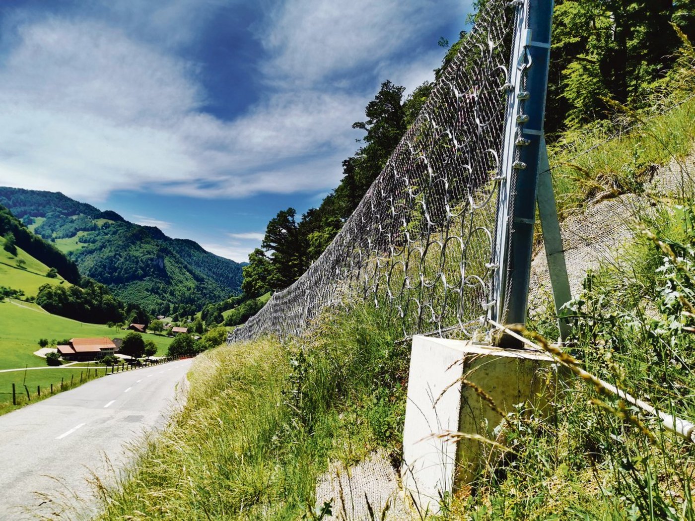 Mitten im Weideland der Familie Saner steht ein Steinschutznetz. Weder davor noch dahinter ist eine sinnvolle Bewirtschaftung möglich. (Bilder Simone Barth)