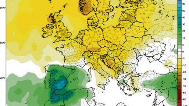 In Mitteleuropa werden für nächste Woche 15 bis 30% weniger Regen erwartet, als dies normal wäre (s. Prozent-Skala rechts). 