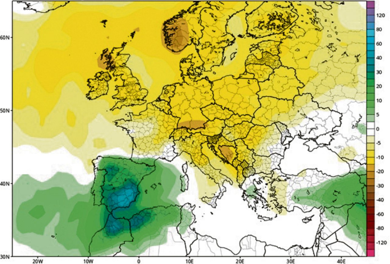 In Mitteleuropa werden für nächste Woche 15 bis 30% weniger Regen erwartet, als dies normal wäre (s. Prozent-Skala rechts). 