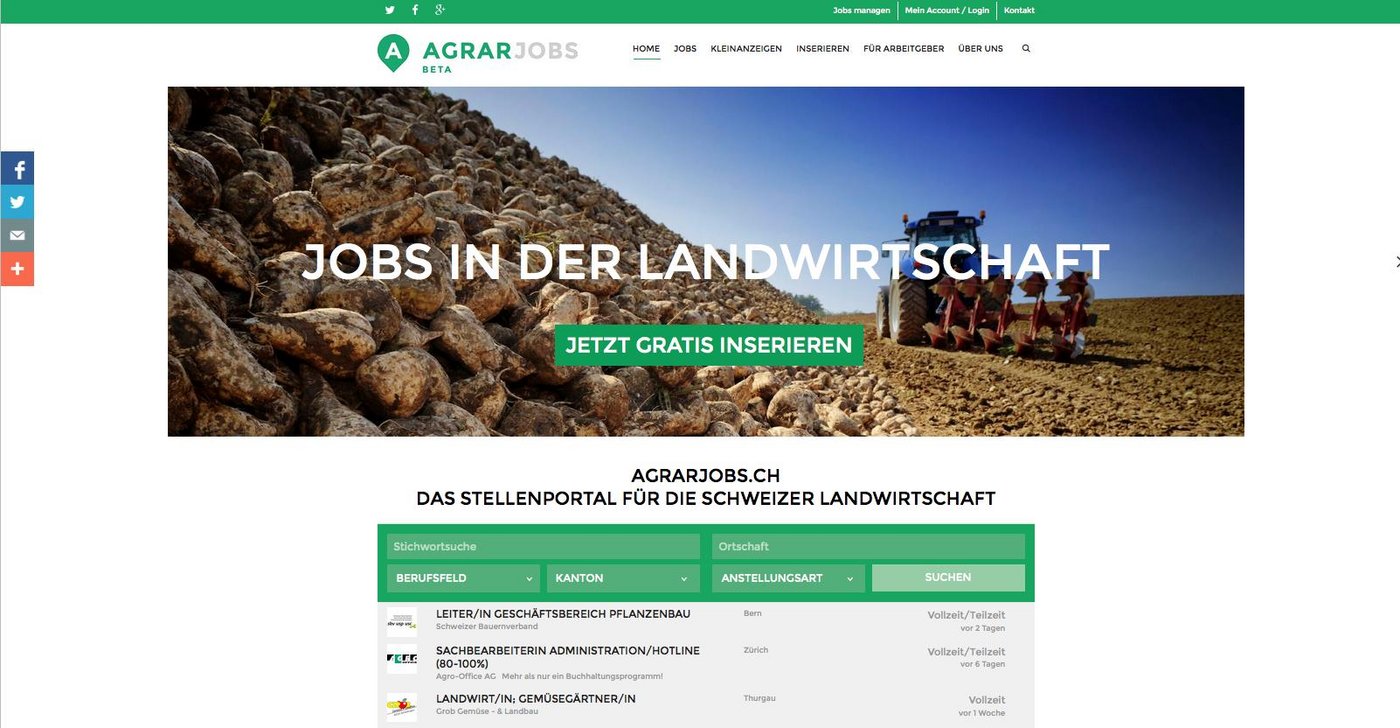 So präsentiert sich das neue Online-Portal für Agrarjobs. (Bild Screenshot)