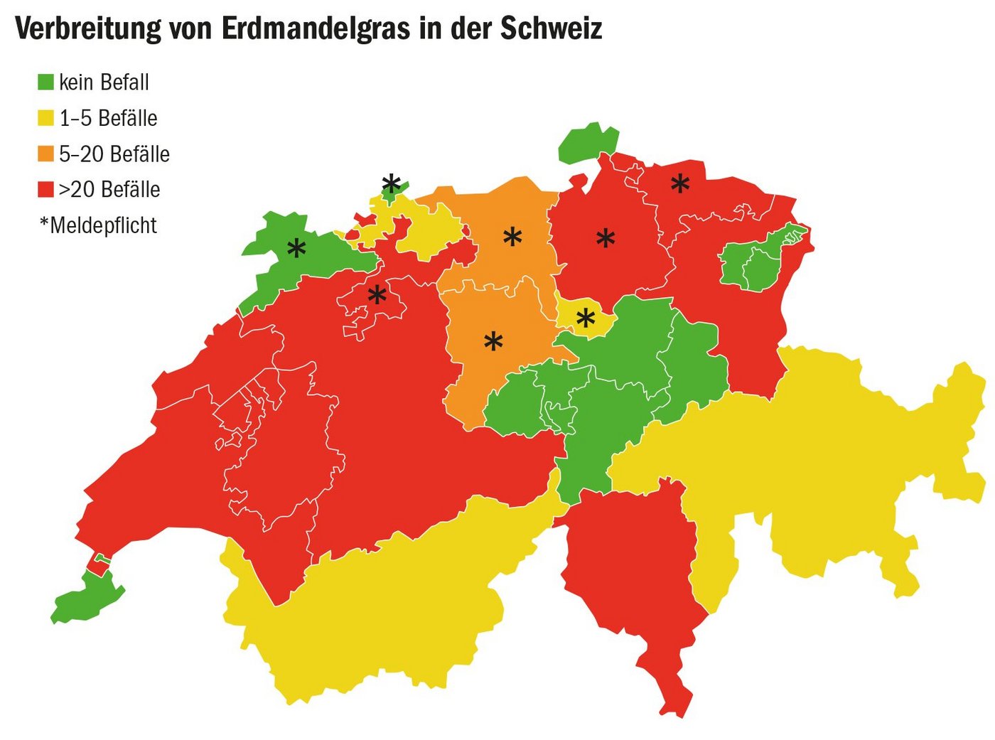 Nur in einigen Kantonen ist das Gras meldepflichtig. Eine Kartierung über die Kantonsgrenzen hinweg sei aber nötig, meint David Brugger vom SBV. (Grafik BauZ, Daten Fachstelle Pflanzenschutz BE)