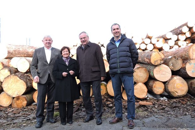 Die Exponenten der Holzbranche schlagen Alarm (v. l. n. r.): Max Binder, Sylvia Flückiger, Jean-François Rime und Thomas Lädrach. (Bild Josef Jungo)