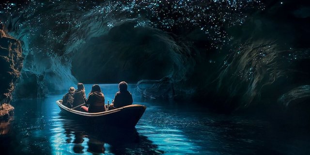 Visualisierung der Bootsfahrt durch die Glühwürmchenhöhle im Walter Zoo.