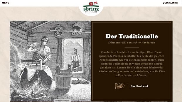 Die neue Website der Sbrinz Käse GmbH informiert unter anderem über Herkunft des Sbrinz AOP. (Bild Screenshot sbrinz.ch)