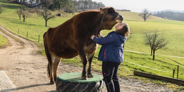 Tierärztin Sibylle Zwygart und Kuschelkuh Svea. (Fotos: Miriam Kolmann)