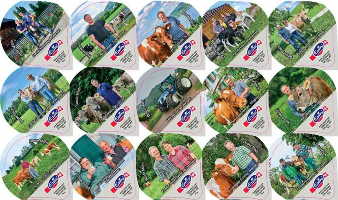 Sympathische Botschafter: Auf der neuen Kaffeerahmdeckel-Serie der Luzerner Milchverarbeiterin Emmi sind Milchbauern zu sehen. (Bild lid)