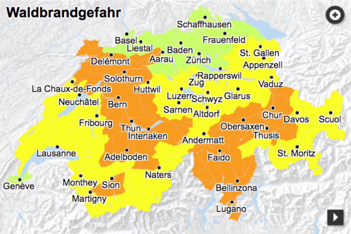  Naturgefahrenportal zeigt erhebliche Gefahr in den orangen Flächen. (Screenshot  Naturgefahrenportal)