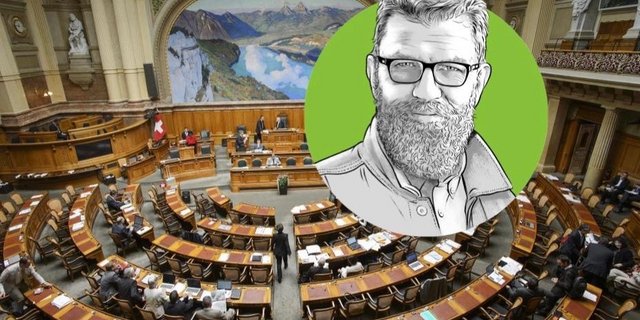 Der Nationalratssaal im Bundeshaus in Bern, Porträtzeichnung von «die grüne»-Chefredaktor Jürg Vollmer. (Bild: parlament.ch / Illustration: Bruno Muff)