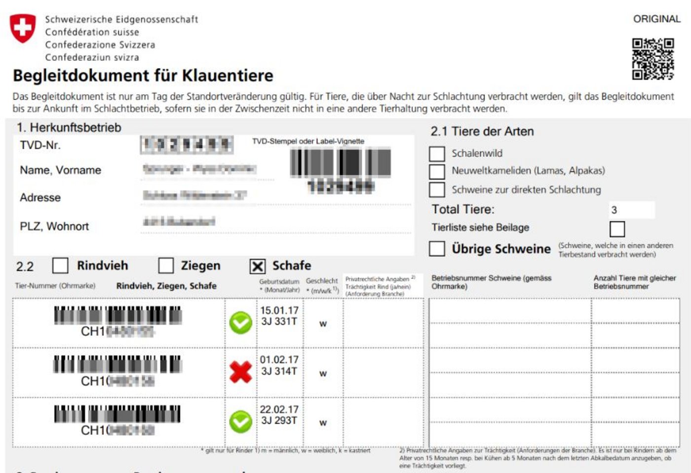 Das Bild zeigt eine Veranschaulichung des Begleitdokuments für Klauentiere. (Bild Proviande)