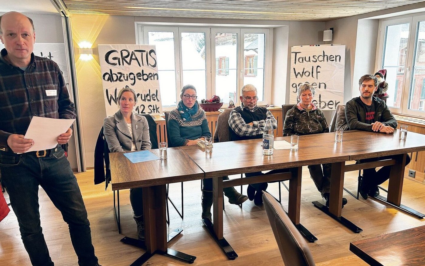 Michelle Elmer, Doris Theiner, Andri Kober (Präsident Bäuerliches Sorgentelefon) und Silvia Elmer Gantenbein (v. l. n. r.) berichteten über Stress und Trauer durch den Wolf.