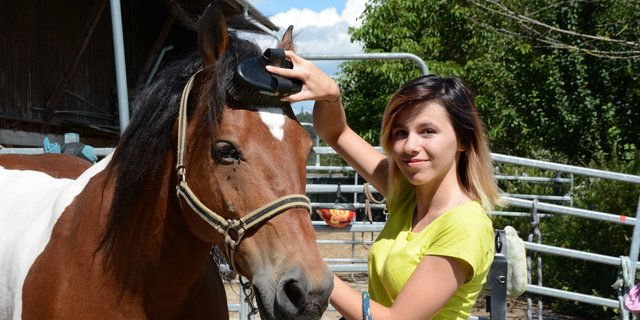 Die Tiere mag sie am liebsten, aber auch die Arbeit mit den Kindern gefällt ihr "erstaunlich gut": Delia Vilarino mit Pferd Jalito während ihrem Agriviva-Einsatz bei Familie Werder in Endingen. (Bild Andrea Gysin)
