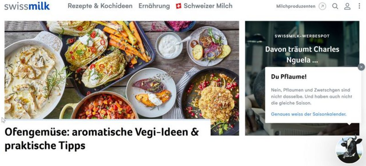 Laut Swissmilk gehört ihre Website seit Jahren zu d en am häufigsten besuchten Kochseiten der Schweiz. Das helfe, Botschaften rund um die Schweizer Landwirtschaft (wie Tierwohl oder Nachhaltigkeit) zu transportieren. (Bild Screenshot swissmilk.swiss) 