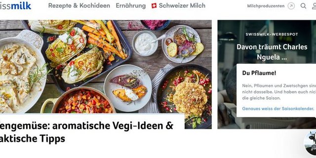Laut Swissmilk gehört ihre Website seit Jahren zu d en am häufigsten besuchten Kochseiten der Schweiz. Das helfe, Botschaften rund um die Schweizer Landwirtschaft (wie Tierwohl oder Nachhaltigkeit) zu transportieren. (Bild Screenshot swissmilk.swiss)  