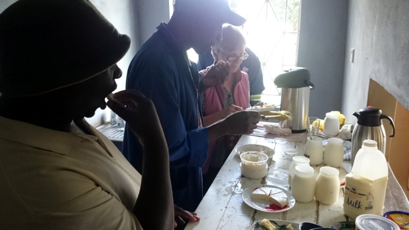 KATC-MitarbeiterInnen beim Degustieren. Ich so: „Würdet ihr also meine Arbeitsbewilligung verlängern?“ Ein sambischer Kollege: „Ja, und ich würde dich gleich wieder in die Molkerei zurückschicken.“ (Ich nahm es als Kompliment.)