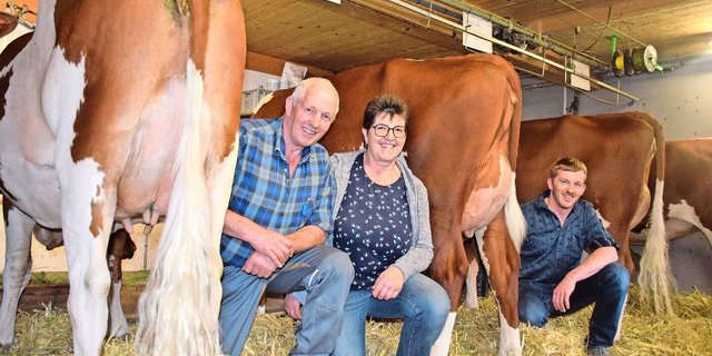 Fritz und Heidi Zurbrügg mit Sohn Martin sind passionierte Swiss-Fleckvieh-Züchter. Im Stall steht bei ihnen mehr als eine Schönheit.
