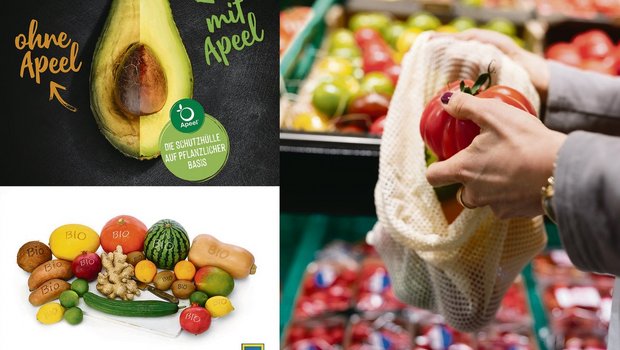 Plastik-Alternativen: Eine natürliche Zusatzschicht um Avocados namens «Apeel», Mehrweg-Netze oder ein Laser-Tattoo auf Früchten und Gemüse (Smart Branding). (Bilder Edeka/Keystone)