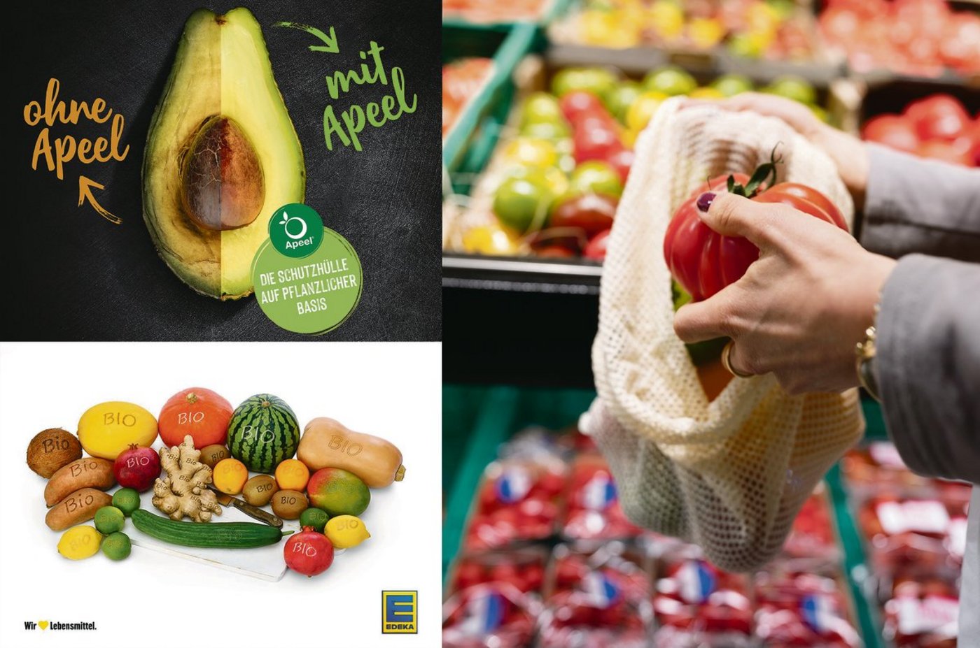 Plastik-Alternativen: Eine natürliche Zusatzschicht um Avocados namens «Apeel», Mehrweg-Netze  oder ein Laser-Tattoo auf Früchten und Gemüse (Smart Branding). (Bilder Edeka/Keystone)