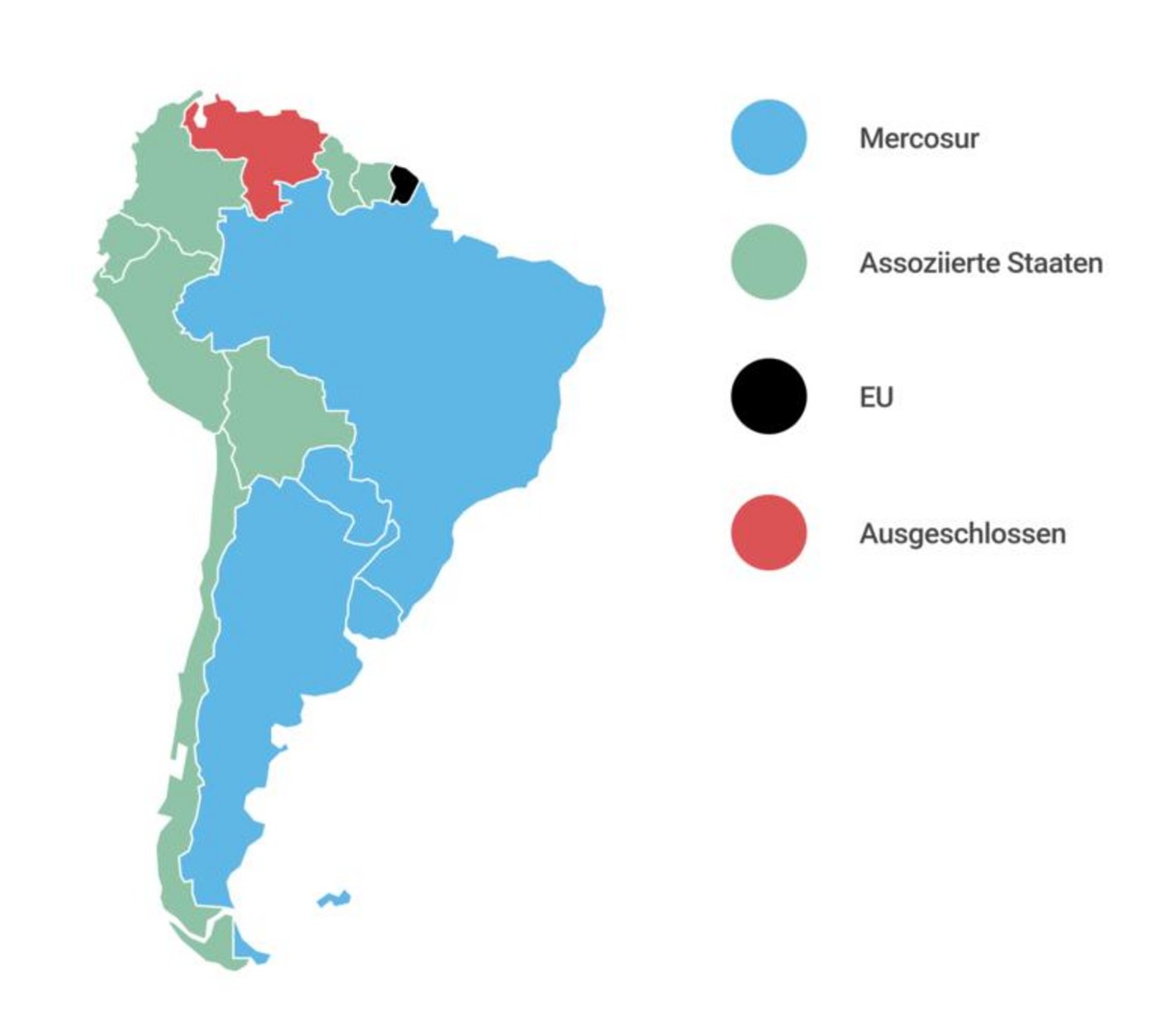 Die Mercosur-Länder Argentinien, Brasilien, Paraguay und Uruguay in blau. (Bild lid)
