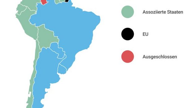 Die Mercosur-Länder Argentinien, Brasilien, Paraguay und Uruguay in blau. (Bild lid)