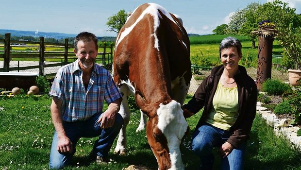 Hanspeter und Käthi Schmitz aus Wiedlisbach BE mit ihrer 170'674er-Kuh Joliam Lisa. (Bild: Peter Fankhauser)