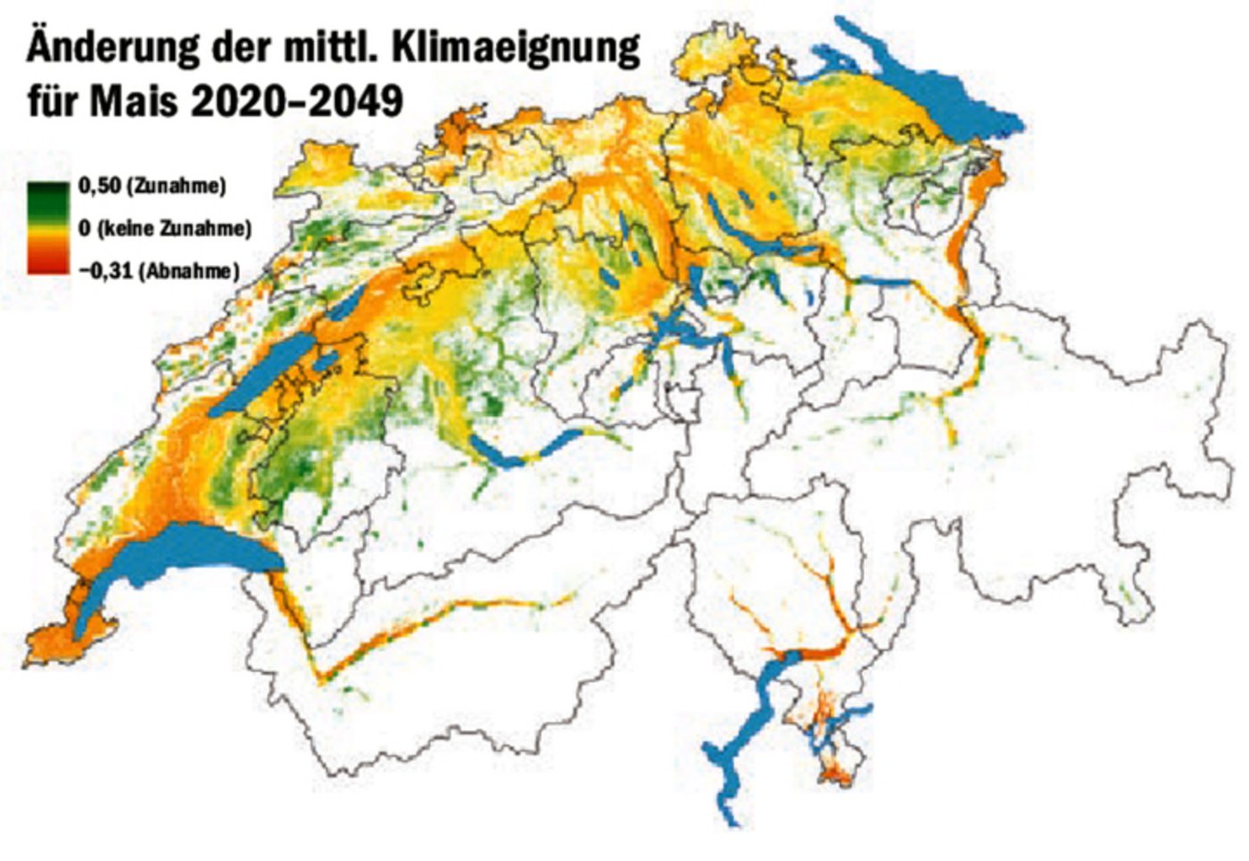 Modellierte Temperaturdaten prognostizieren je nach Region eine zunehmende (grün) oder abnehmende (rot) Klimaeignung.