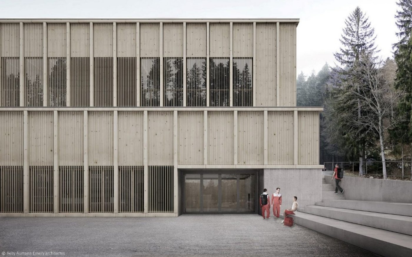 Die Fassade der neuen Halle besteht aus Lärchenholz. 