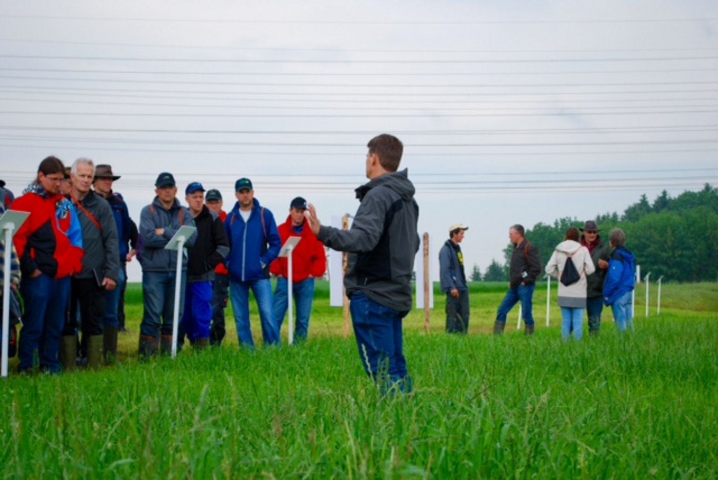 Daniel Suter von Agroscope spricht über Biofutterbau. Mit den Landwirten diskutiert er über Weidemischungen und Bestandesführung.