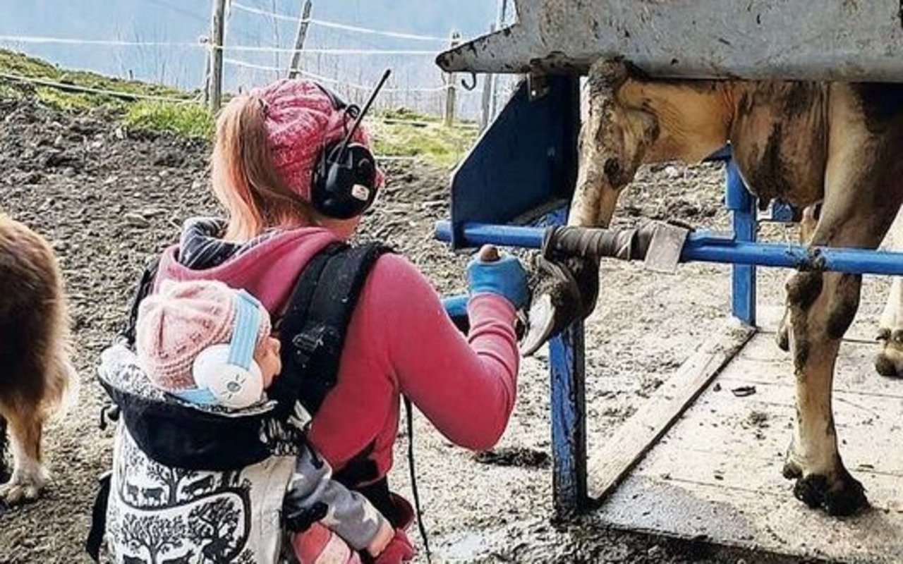 Milena war überall mit dabei: Dank der Babytrage war auch der Klauenpflegekurs kein Problem. 