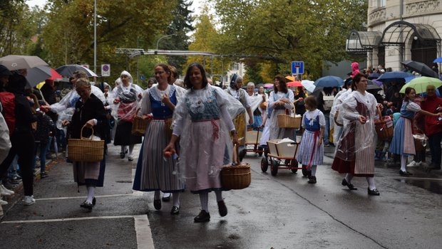 Die Zürcher Landfrauen verteilten als Vorgruppe Äpfel. (Bild: Stefanie Giger)