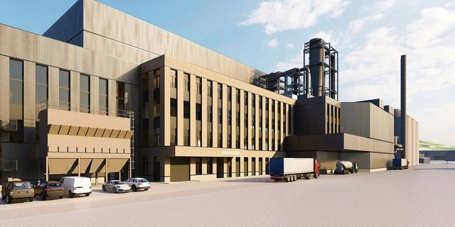 Ansicht des grossen Werkes mit Produktionshalle, Hochregallager und Energiezentrale im Fänn, Küssnacht. 