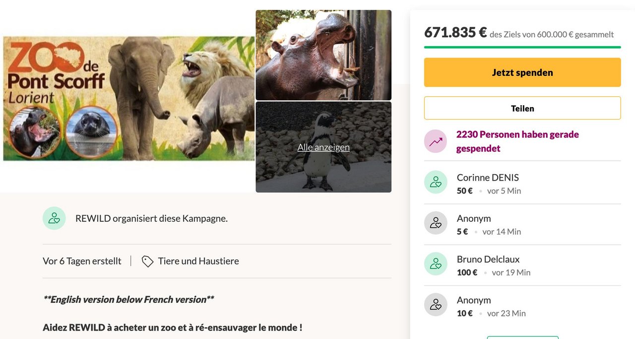 Die Kampagne sammelte über 650'000 Euro zur Rettung der Zootiere. (Bild Gofundme)